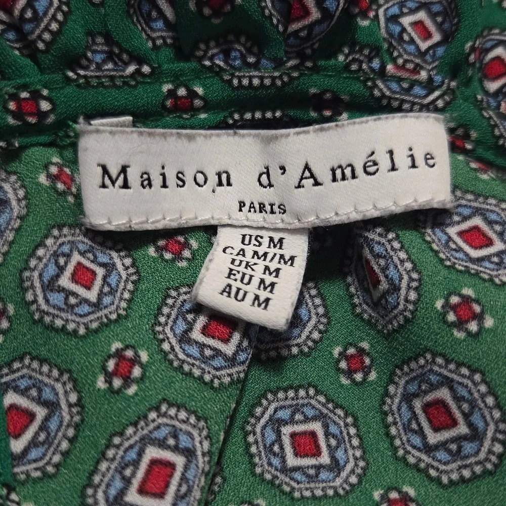 Maison dAmelie Paris Green Geometric Print Mock Neck Ruffle Blouse Long Sleeve M - Picture 2 of 9